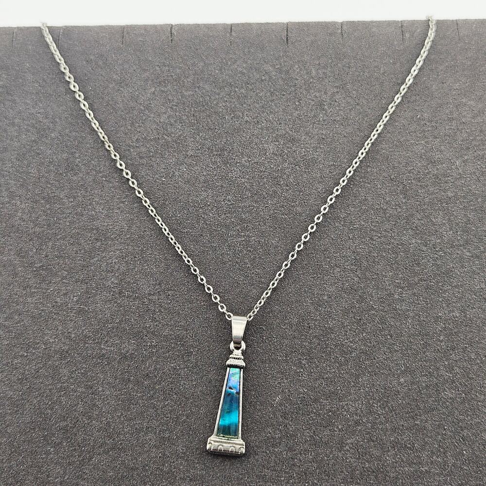 Iridescent Abalone Shell Lighthouse PendantAqua Teal Necklace Silver Tone Chain